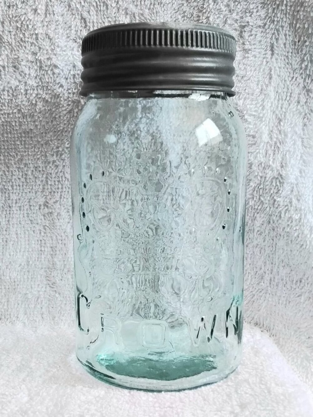 Vintage 7 1/2" Aqua Glass Grown Preserve Bottle with MM's in As Seen Condition!!
